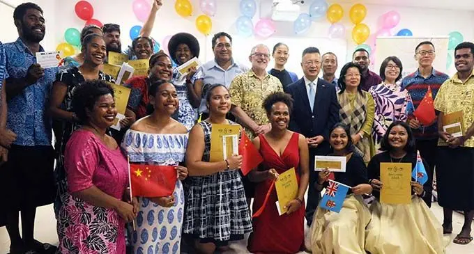 Singing competition contestants joined by the University of the South Pacific (USP) staff and students with the China’s Ambassador to Fiji, Qian Bo, and his wife on October 28, 2020. Photo: Chinese Embassy in Fiji
