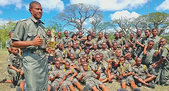 Naleba Youth Training Centre student and Baton of Honour winner, Joeli Yabaki (standing), with other cadets during their passing-out parade at the RFMF Sukanaivalu Barracks in Labasa, on August 29, 2024. Photos: Sampras Anand