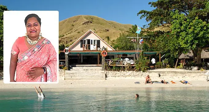 Oarsman’s Bay Lodge in Nacula Island in the Yasawas with the inserted image of Adi Reijeli Susie.