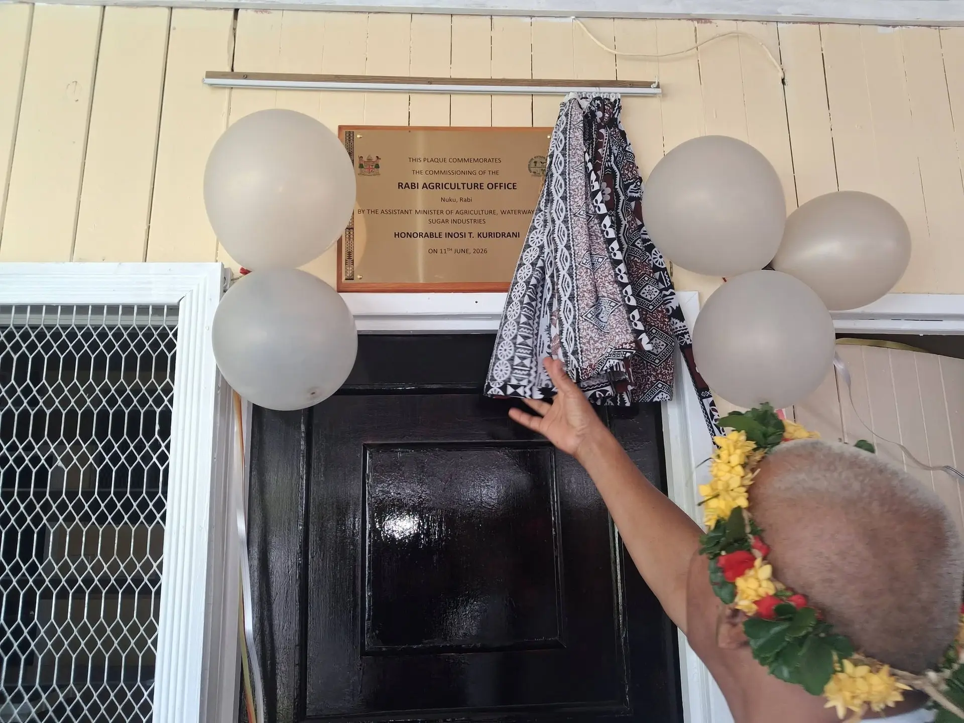 Rabi Island administrator Iakoba Karutake commissioning the new Ministry of Agriculture office on June 11, 2026.