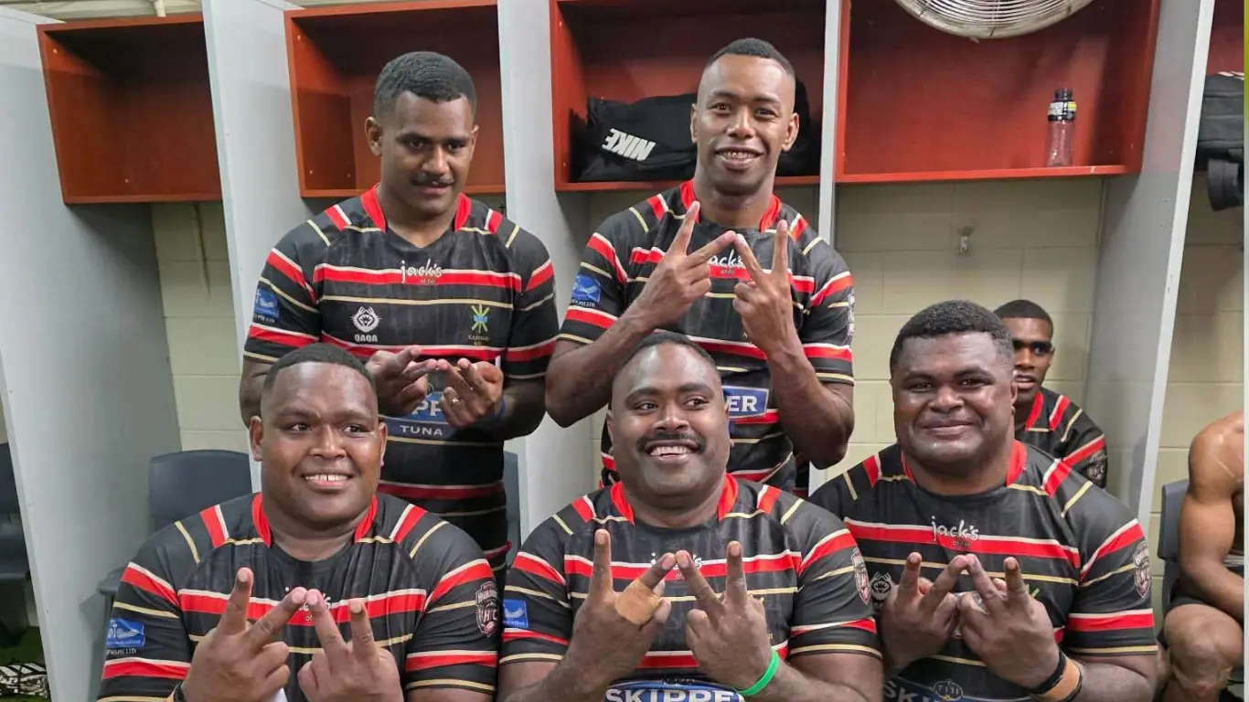 Naitasiri prop Jone Naqiri (front, first from letf) with teammates. 