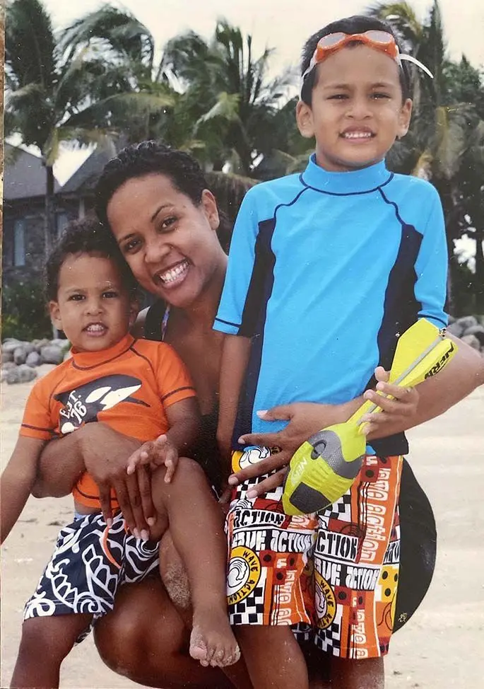 Fiji Airways Captain Seini Koroitamana Cornish with her two sons, Alfred (right) and Seth (left).