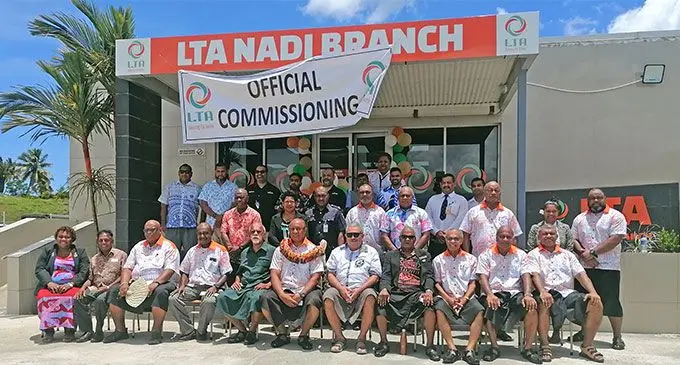 Minister for Transport Ro Filipe Tuisawau, (with garland), LTA chairman, Inosi Kuridrani, (fourthy from left), Tui Nadi, Ratu Vuniani Navuniuci, (fifth from left), Tui Nawaka Ratu Joeli Bulu, (seventh from left), Assistant Minister for Transport Naisa Tuinaceva, (second from right), LTA board members, employees and guests at the new Waimalika office in Nadi on February 13, 2025. Photo: Mereleki Nai