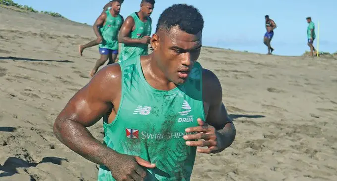 Swire Shipping Fijian Drua loose forward Raikabula Momoedonu at the Sigatoka sand dunes during the off season training programme early this year. Photo.Fijian Drua