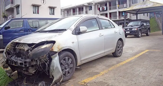 This private car was burned at Public Rental Board Riwai flats car park on September 25, 2019.   Photo: Ronald Kumar