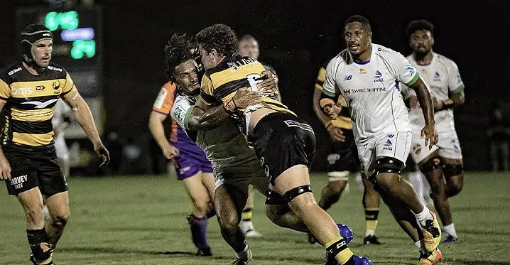 Swire Shipping Fijian Drua winger Selesitino Ravutaumada tackles against Western Force flanker during their pre-season trial match on February 16, 2023. Photo: Fijian Drua Media