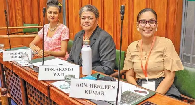 Shenal Harakh, Akanisi Wati, and Herleen Kumar during Rehearsal in the Parliamentary Chamber. Photo: Parliament of the Republic of Fiji
