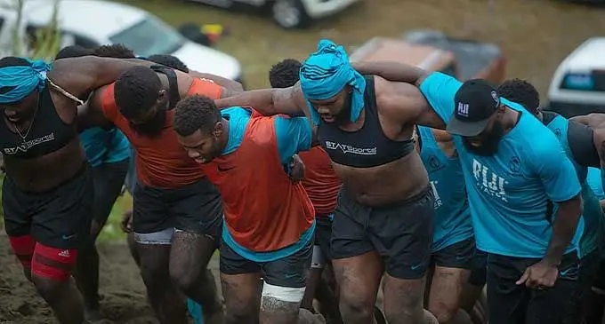 From left: Peni Ravai, Albert Tuisue, Kitione Kamikamica, Peceli Yato and Semi Radradra during the FIJI Water Flying Fijians training session at the Sigatoka sand dunes on July 15, 2023. Photo: FRU Media