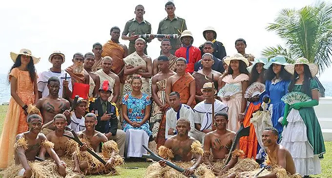 Students of Levuka Public School with the Minister for Women, Children and Social Protection, Lynda Tabuya, during the re-enactment of Fiji’s Deed of Cession on October 10, 2024. Photo: Ministry of Women, Children and Social Protection