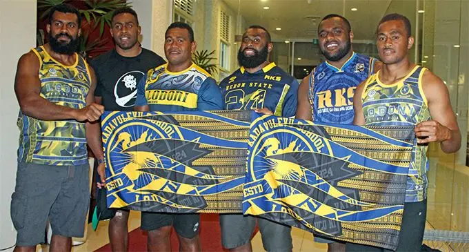 Former scholars of Ratu Kadavulevu School (from left) Fiji Airways Flying Fijians captain Dominiko Waqaniburotu, Viliame Mata, Joeli Veitayaki, Peni Ravai, Luke Tagi and Alivereti Veitokani at Suva’s Grand Pacific Hotel on August 8, 2019. They are showing their support for RKS rugby teams taking part in today’s Vodafone Deans Trophy finals at Lawaqa Park in Sigatoka. RKS is featured in the Under-14, U15, U16 and U18 finals. Photo: Ronald Kumar