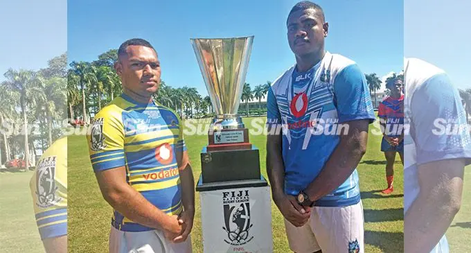 Ratu Kadavulevu School captain Jonathan Matiavi with defending Vodafone Fiji Secondary School U19 winning captain Lorosio Civoniceva of Nasinu Secondary School during the launch of the competition at Albert Park in Suva on May 5, 2022. Photo: Ronald Kumar