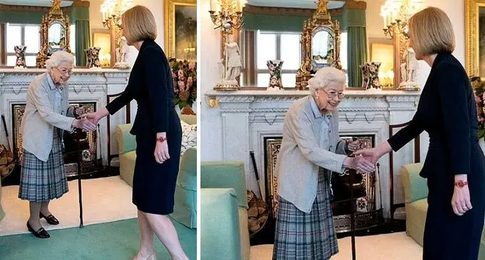 Queen Elizabeth II leans on a walking stick as she welcomes Liz Truss during an audience at  Balmoral in Scotland on September 6, 2022. Photo: Daily Mail