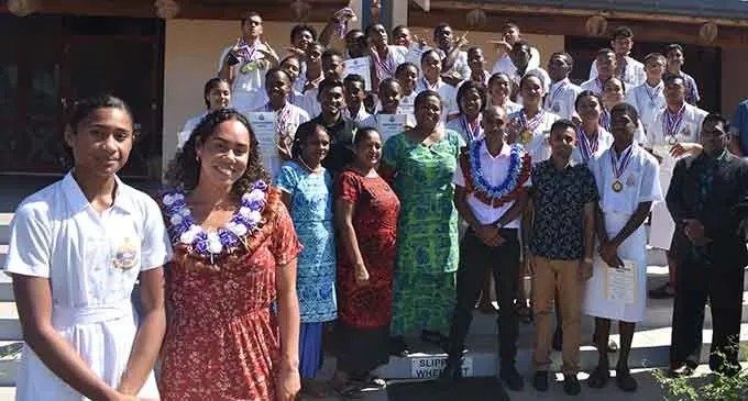 Team Fiji swimmers to the Birmingham Commonwealth Games, Kelera Mudunasoko (first from left) and Rosemary Rova (second from left) were farewelled at Swami Vivekananda College, Nadi on July 20, 2022. Photo: Waisea Nasokia.