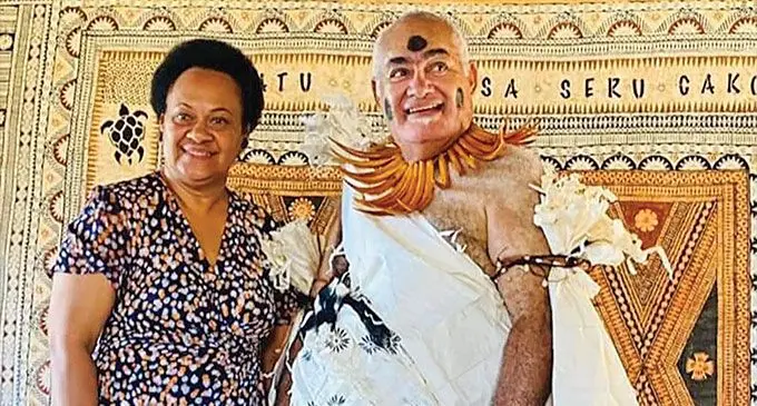 Radi Levuka Adi Varanisese Seru Cakobau and the Turaga na Vunivalu na Tui Kaba Ratu Epenisa Cakobau during the installation on Bau Island on March 10, 2023.