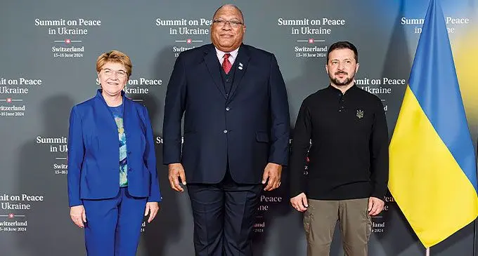 From left: Swiss Confederation President Viola Amherd, Fiji’s President Ratu Wiliame Katonivere and Ukraine’s President Volodymyr Zelenskyy.