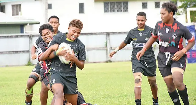 Kadavu rep Kalesi Ridome is tackled by Navosa players in their clash on May 11, 2024 at Lawaqa Park, Sigatoka. Photo: Waisea Nasokia