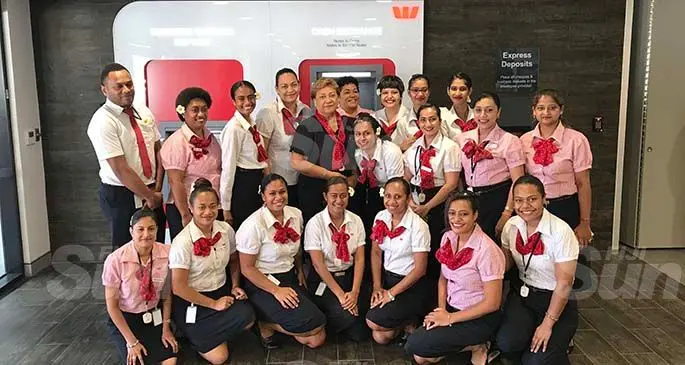 Australia’s High Commissioner to Fiji John Feakes (standing fifth from left) with Westpac Fiji staff after the opening of its new branch at Garden City, on March 4, 2020. Photo: Maraia Vula