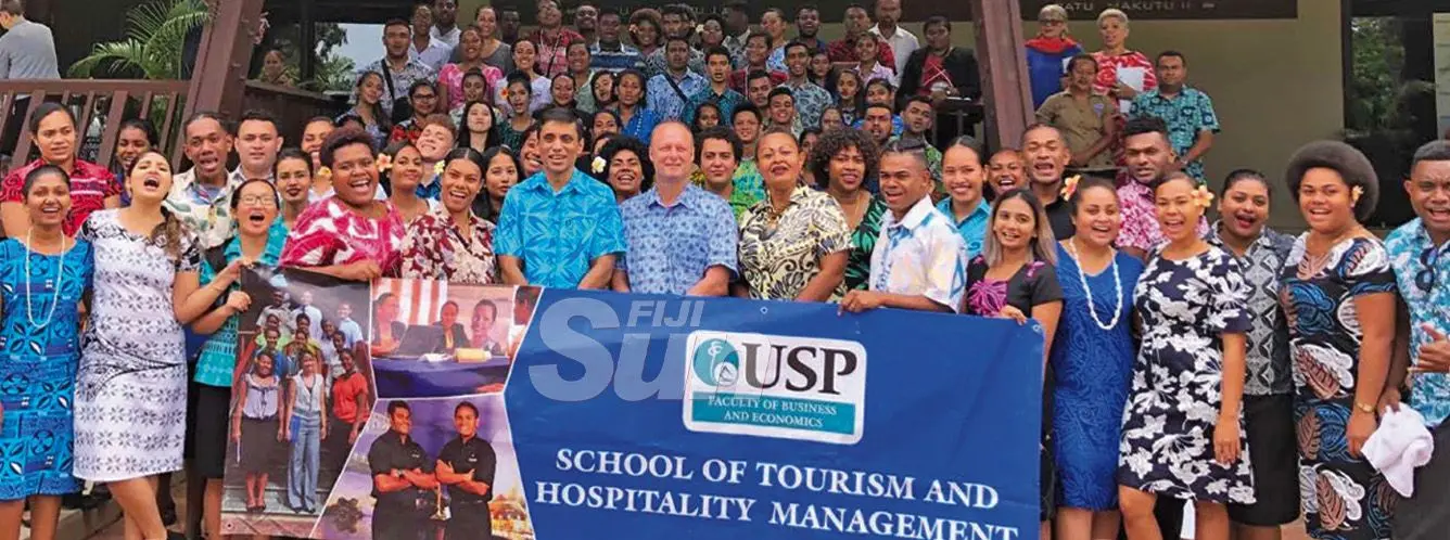 Permanent Secretary for Industry, Trade and Tourism Shaheen Ali (middle) with USP students at the Shangri La’s Fijian Resort and Spa, Yanuca Island on September 27. Photo: Charles Chambers