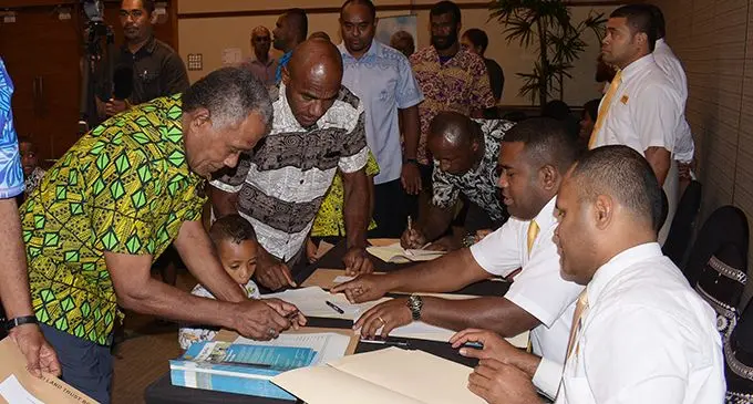 Land owners after receiving SEED grant from Prime Minister Voreqe Bainimarama as fifty six land owners, were given SEED funding grant at Grand Pacific Hotel on November 7, 2019. Photo: Ronald Kumar