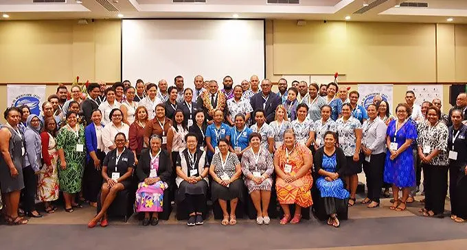 Minister for Commerce, Trade, Tourism, and Transport, Faiyaz Koya (wearing garland) with participants at the inaugural celebration of International Women in Maritime at the Grand Pacific Hotel in Suva on May 18, 2022. Photo: MCTTT
