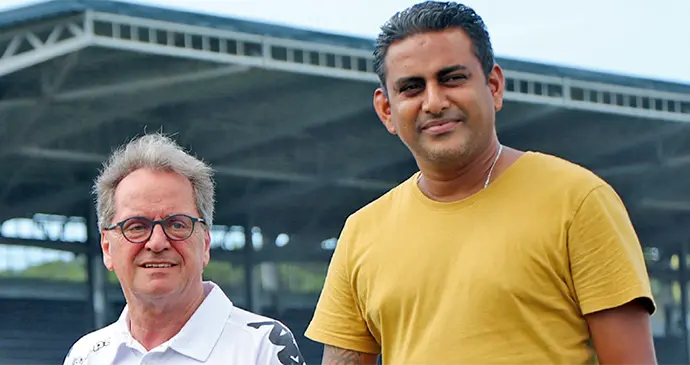 From left; National football head coach Flemming Serritslev with local coach Ravinesh Kumar. Photo: Fiji FA Media