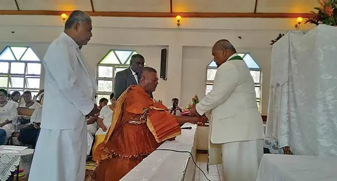 Tui Sabeto Viliame Mataitoga is blessed by Reverend Epeli Cati (left), Reverend Ilimeleki Susu and Reverend Iliapi Tiwai. Photo: Waisea Nasokia
