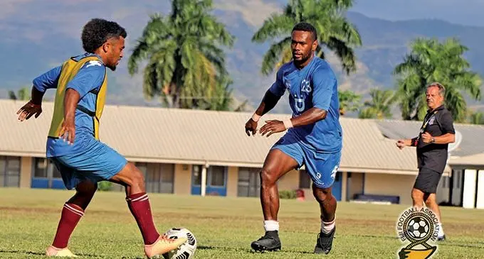 Digicel national football striker Thomas Dunn controls the ball as midfielder Dave Radrigai closes in during training at the Fiji Football Academy in Ba on November 2, 2021. Photo: Fiji FA Media