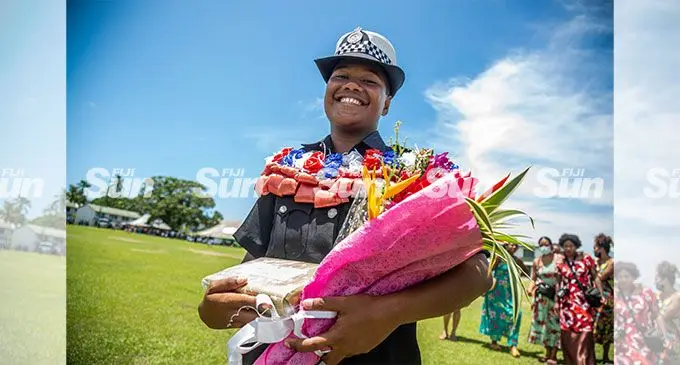 Women Police constable Litia Bola taking out the most progressive recruit during the Fiji Police Force passing-out parade at the Nasova Police Academy in Nasese on February 25 2022. Photo: Leon Lord