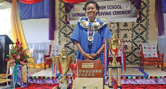 Nakasi High School head girl and 2024 dux, Esther Lusiana Kuva with her awards at the school on November 29, 2024. Photo: Beranadeta Nagatalevu