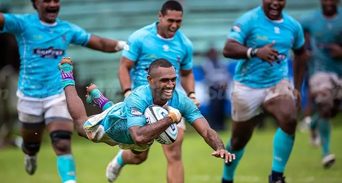 FMF Suva full-back Inia Tawalo dives over to score a try against Jack’s Nadi during their Skipper Cup semifinal at Ratu Cakobau Park, Nausori, on June 15, 2024. Photo: Leon Lord
