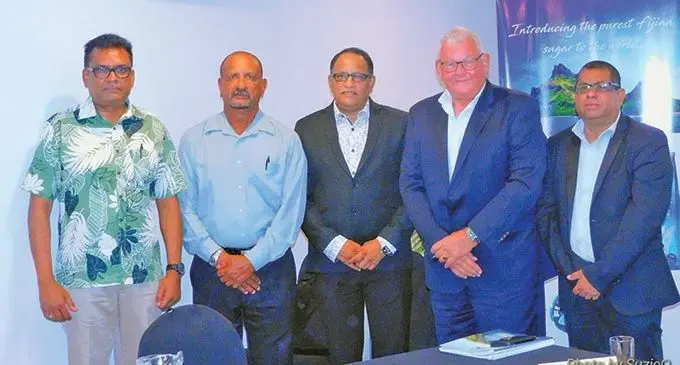 From left, Permanent Secretary for the Ministry of Sugar, Yogesh Karan, Fiji Sugar Corporation board member Arvind Singh, FSC board member Savendra Dayal, Fiji Sugar Corporation chief executive officer, Graham Clark, and FSC chief financial controller, Manoj Ram, during the FSC annual general meeting at Tanoa Waterfront Hotel in Lautoka, on January 15, 2021.  Photo: Susana Hirst-Tuilau 