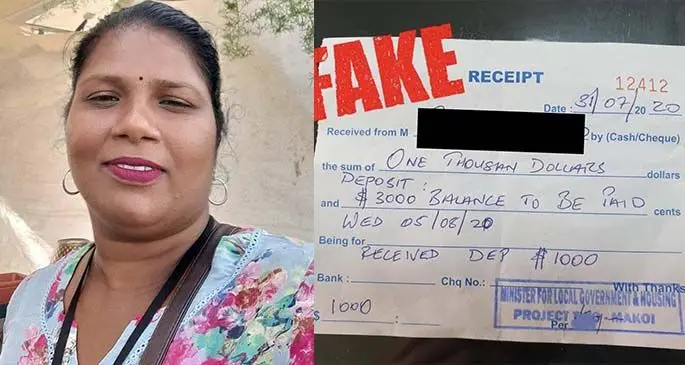 From left-right: Victim of the alleged scam, Rosie Goundar (left) and the fake receipt used in the alleged scam (right).