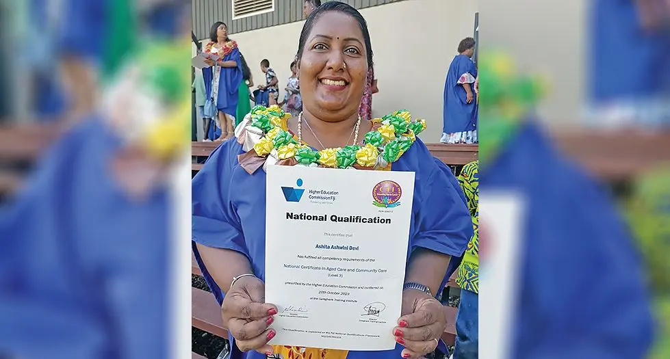 Ashita Ashwini Devi with her certificate at FNU Namaka campus in Nadi. Photo: Mereleki Nai