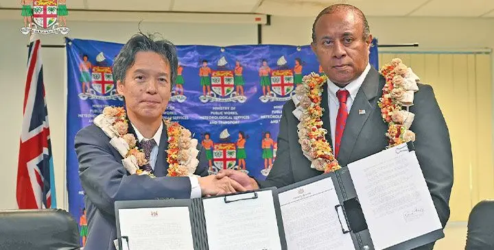 Japanese Ambassador to Fiji Michii Rokuichiro (left), with Minister for Public Works, Meteorological Services and Transport Ro Filipe Tuisawau, during the official signing ceremony in Suva on March 27, 2025. Photo: DEPTFO News