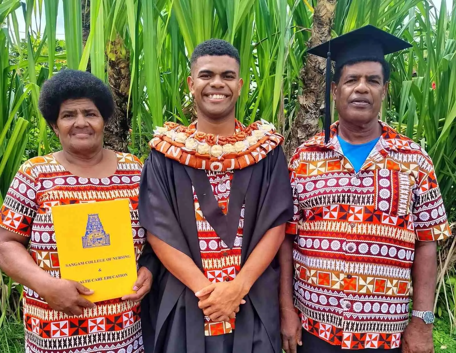 Graduate Kinijoji Vakawaletabua with his parents, Nacanieli Senikuba and Ilisapeci Senikuba, during the TISI Sangam College of Nursing and Health Care Education graduation at the Civic Centre in Labasa on December 10, 2025.