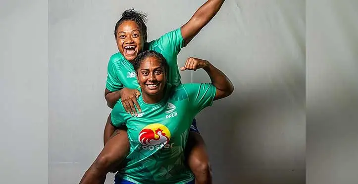 Rooster Chicken Fijiana Drua captain Bitila Tawake (front) and vice captain Asinate Serevi. Photo: Leon Lord
