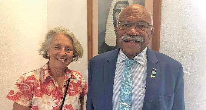 Former Pacific Correspondent for the Sydney Morning Herald, Mary-Louise O’Callaghan with Prime Minister Sitiveni Rabuka outside Parliament on April 6, 2023