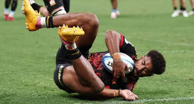 Chiefs winger Emoni Narawa scores his second try against Waratahs at the Allianz Stadium in Sydney, Australia, on March 24, 2023. Photo: Newshub