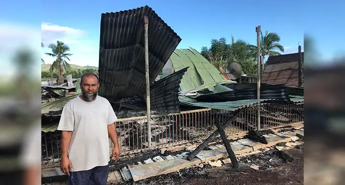 Tahir Hussain standing infront of his burnt house in Wailevu, Labasa on July 25, 2022. Photo: Shratika Naidu