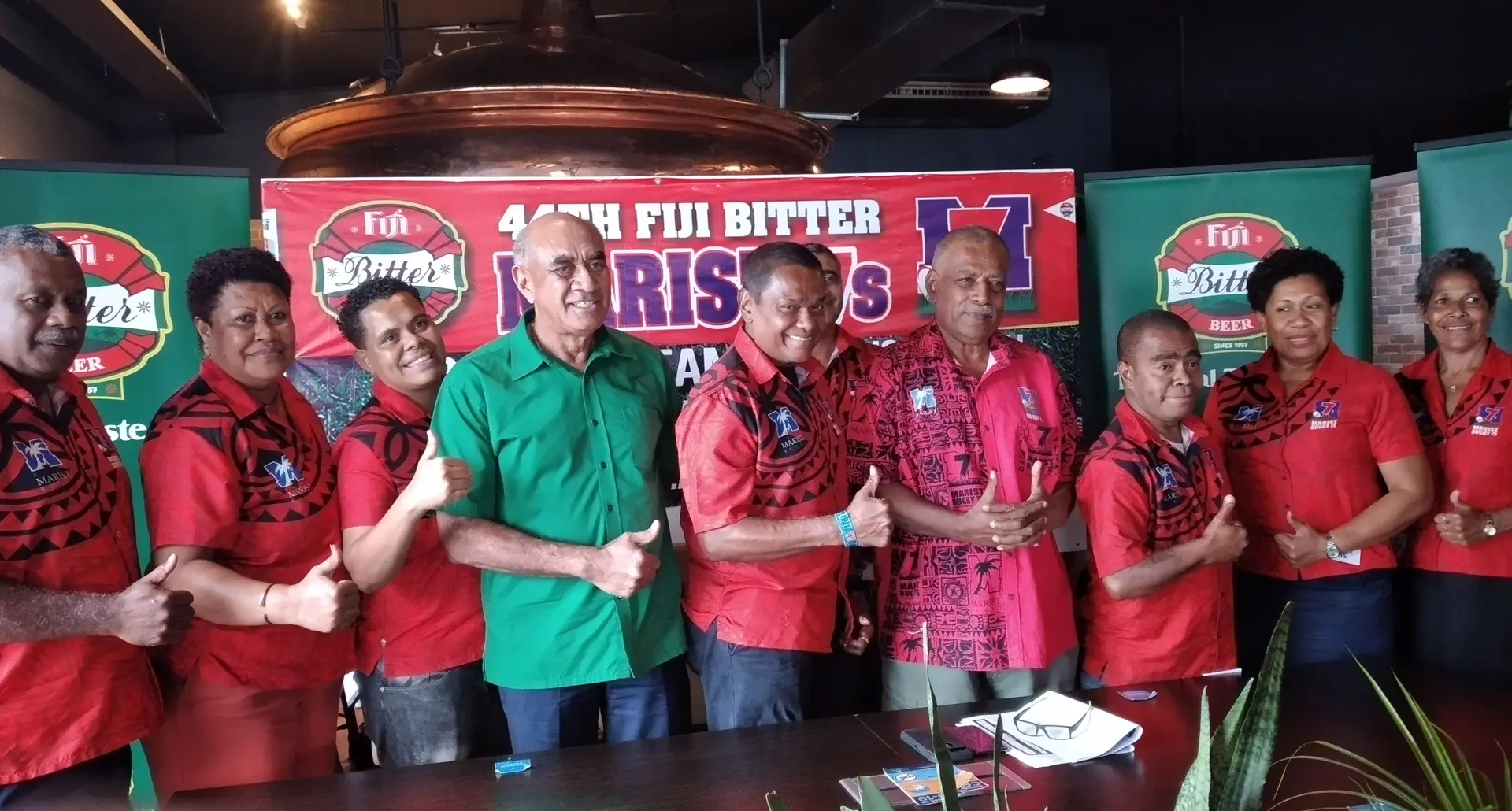 From left: Paradise Beverages Fiji general manager sales and corporate affairs Joe Rodan (Snr) and Marist Rugby Club  president Lawrence Tikaram and officials in Walu Bay, Suva on September 3, 2020. Photo: Simione Haravanua
