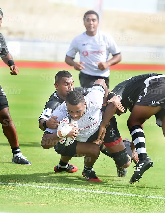 Tikoibai Talatala of Fijian Warriors dives in for their second try against Fijian Under 20 side during first of their two part series at ANZ stadium on December 14, 2021. Photo: Ronald Kumar.