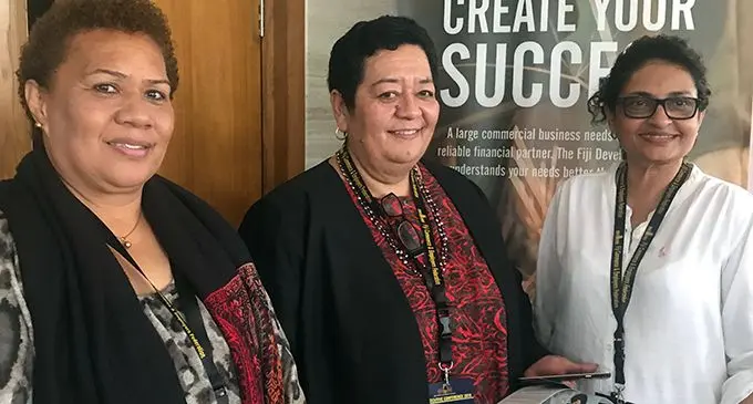 Louisa Tuimabualau of Fiji Human Resources Institute, Veera Chute and Monica Chute of Value City at the TOPEX Conference at Pullman Nadi Bay Resort on Photo: Charles Chambers