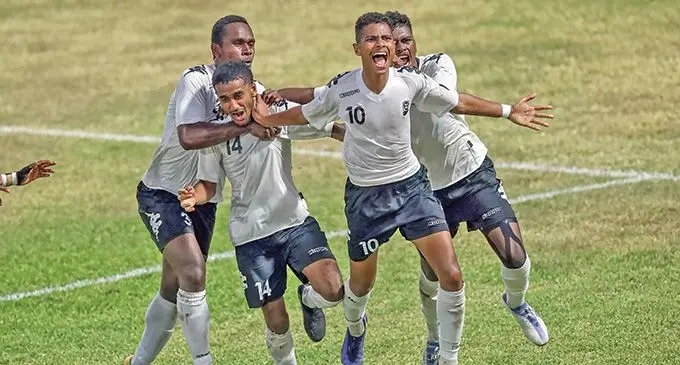 Digicel Fijian Under-19 striker Nabil Begg (10) celebrates his goal against New Caledonia in the OFC U19 Championship at Stade Pater in Pirae, Tahiti, on September 22, 2022. Photo: OFC Media