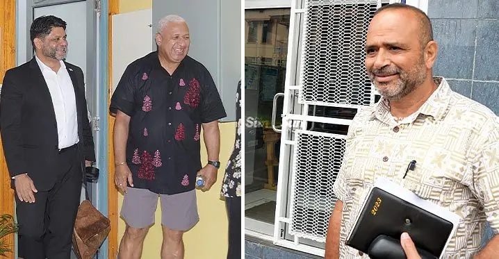 Former Prime Minister Voreqe Bainimarama,(R), former Attorney General Aiyaz Sayed-Khaiyum (L) and suspended Commissioner of Police Brigadier-General Sitiveni Qiliho.