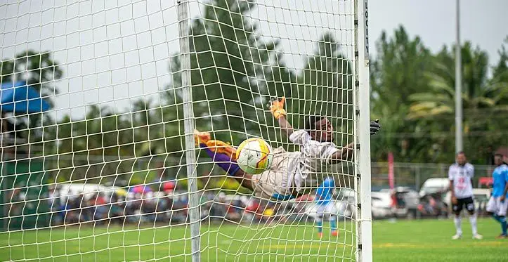 Tailevu/Naitasiri Jason Rokovucake dives but fails to stop one of Suva’s four goals during their Digicel Fiji Premier League clash at the Uprising Sports Centre in Pacific Harbour, Deuba, on March 12, 2023. Photo: Leon Lord