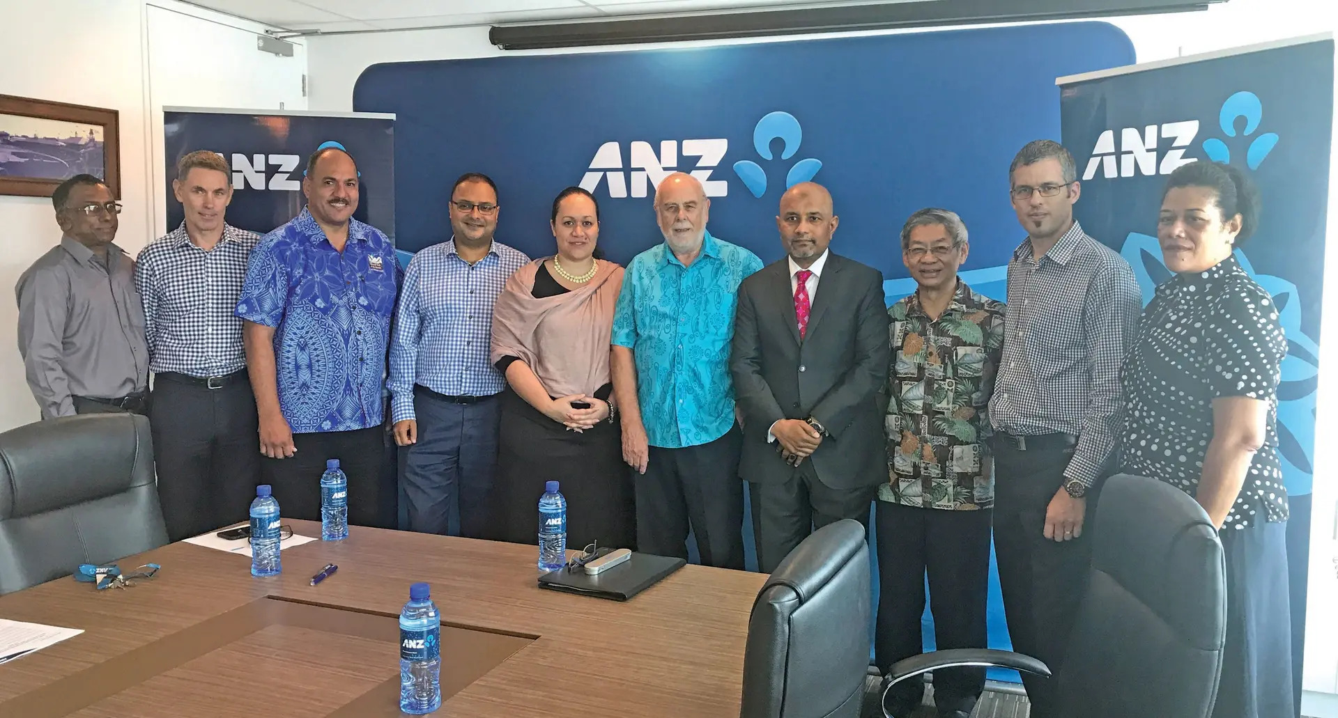 From left: ANZ Fiji Head of Transaction Banking Rajesh Raj, ANZ Head of Markets Pacific and Fiji Chris O’Neale, ANZ Head of Research and Analysis Pacific and Fiji Dipak Bhoopatkar, ANZ Head of Communications Pacific and Fiji Mue Bentley Fisher, FETA Board of Trustees chair Bill Whiting, ANZ Fiji Country Head Saud Minam, FETA Trustee Dixon Seeto, ANZ Fiji Acting Head of Commercial Nathan Wilson and FETA Secretariat Emele Tuilagivou. Photo: MARAIA VULA