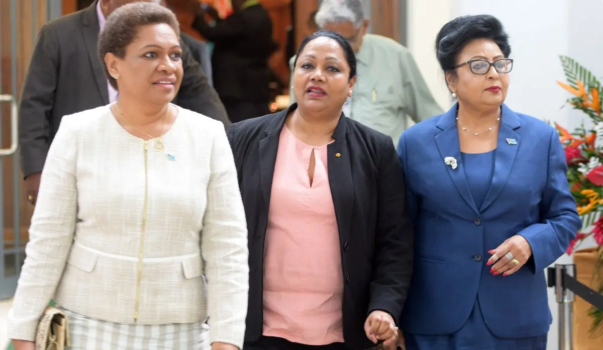 Minister for Women, Meresaini Vuniwaqa, Minister for Trade and Tourism Premila Kumar and Assistant Minister for Women, Veena Bhatnagar outside Parliament on August 7, 2019. Photo: Ronald Kumar.