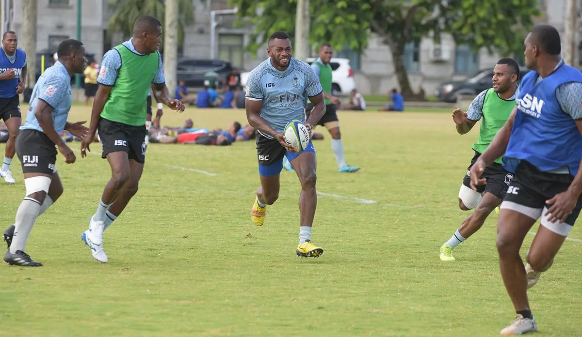 Sevaloni Mocenacagi (with ball) trains with Fiji Airways Fijian 7’s squad members at Albert Park in Suva on February 13, 2019. Photo: Ronald Kumar.