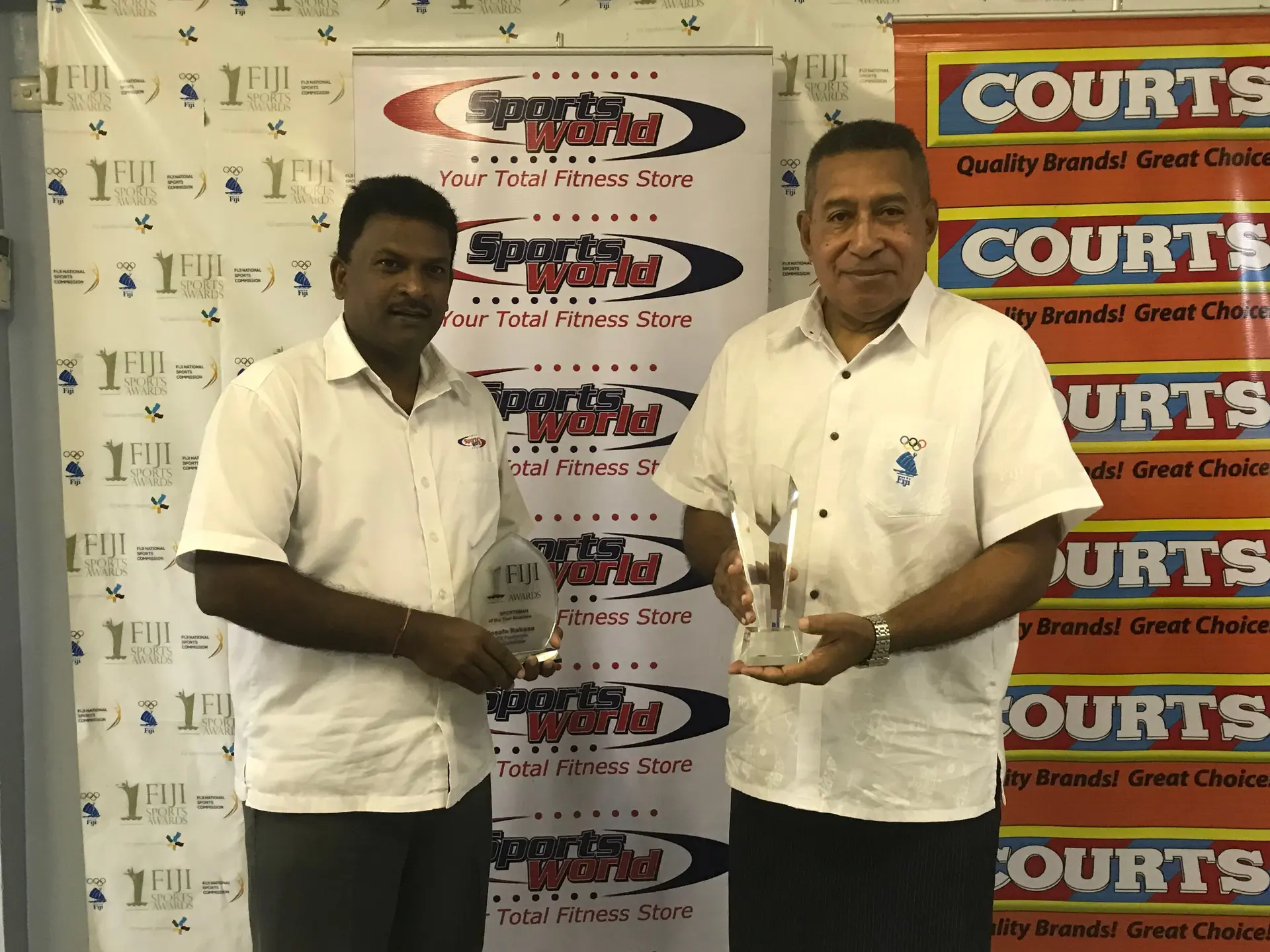 Sports World General Manager Vinod Kumar(left) and sports awards chairman Manasa Baravilala in Suva on February 21,2018. Photo: Anasilini Ratuva
