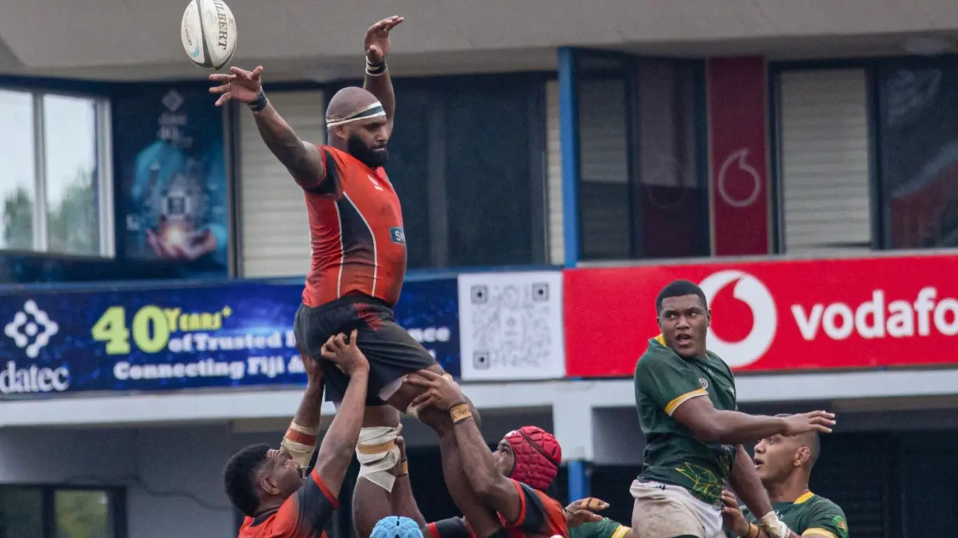 Navosa number eight Semi Kunatani contests for a lineout during their Skipper Cup quarter-final match against Tailevu on October 17, 2026. 